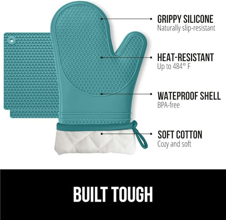 GORILLA GRIP BPA-Free Soft Silicone Oven Mitts and Pot Holders Sets, Heat Resistant Waterproof Cooking Gloves, Thick Cotton Lining, Flexible Gripping for Baking Grilling, Kitchen Trivets, Turquoise