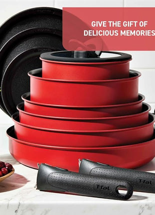 T-fal Ingenio Nonstick Cookware Set, Induction, Oven Broiler Safe 500F, Cookware, Pots and Pans, RV, Camping, Oven, Broil, Dishwasher Safe, Detachable Handle, Red (Pack of 20)