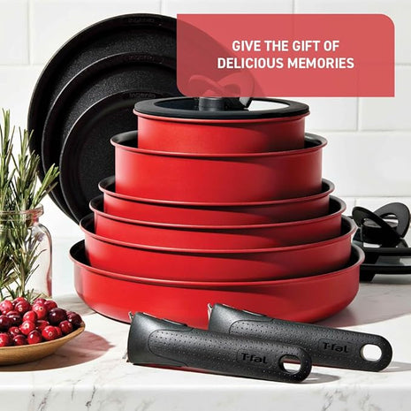 T-fal Ingenio Nonstick Cookware Set, Induction, Oven Broiler Safe 500F, Cookware, Pots and Pans, RV, Camping, Oven, Broil, Dishwasher Safe, Detachable Handle, Red (Pack of 20)