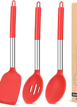 Pack of 4 Silicone Cooking Utensils Set, Non Stick Large Solid Spatulas, Heat Resistant Slotted Spoons, Ideal BPA Free Kitchen Turners for Frying, Mixing,Serving,Draining,Turning,Stirring (RED)