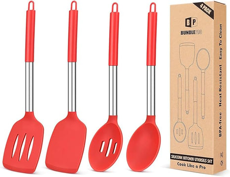 Pack of 4 Silicone Cooking Utensils Set, Non Stick Large Solid Spatulas, Heat Resistant Slotted Spoons, Ideal BPA Free Kitchen Turners for Frying, Mixing,Serving,Draining,Turning,Stirring (RED)