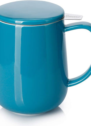 Sweese Porcelain Teacup with Infuser and Lid, 20oz, Steel Blue, Microwave Safe, Reusable
