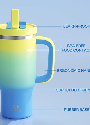 32 oz Tumbler with Handle and Straw: Stainless Steel Insulated Tumbler Keeps Cold for 24 Hours, Leakproof Travel Cup Fits in Cup Holder and BPA-Free, Soft Lagoon