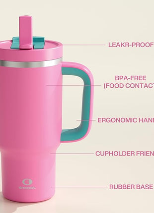 ENCOOL 32 oz Tumbler with Handle and Straw: Stainless Steel Insulated Tumbler Keeps Cold for 24 Hours, Leakproof Travel Cup Fits in Cup Holder and BPA-Free,Light Crimson