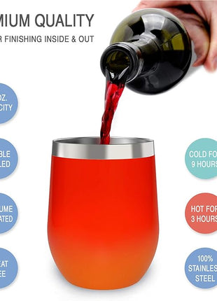 CHILLOUT LIFE 12 oz Stainless Steel Wine Tumbler with Lid - Double Wall Vacuum Insulated Wine Cup Glass Keeping Cold & Hot for Coffee, Champagne, Cocktails, Ice Cream - Red Fire