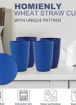 Homienly Wheat Straw Cups 6 PCS Plastic Cups Reusable Unbreakable Drinking Cup Dishwasher Safe Water Glasses (16 OZ,Blue Sky)