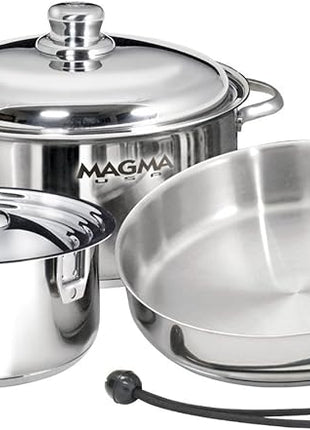 Magma 7 Piece Gourmet Nesting Stainless Steel Cookware Set, Induction Compatible, Oven Safe to 500°F - Suitable for All Stovetops, Removable Handles, Black