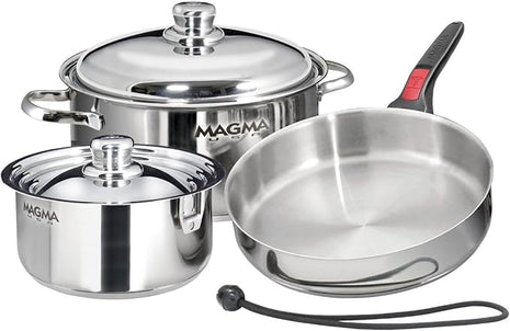 Magma 7 Piece Gourmet Nesting Stainless Steel Cookware Set, Induction Compatible, Oven Safe to 500°F - Suitable for All Stovetops, Removable Handles, Black