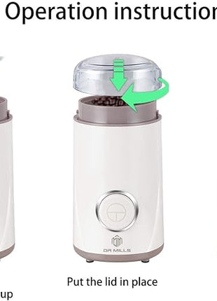 DR MILLS DM-7441W Coffee Grinder Electric, Coffee Bean and Dried Spice Grinder, One Touch Operation, Blade and Cup Made with SUS304 Stainless Steel (White)