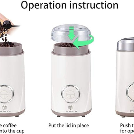 DR MILLS DM-7441W Coffee Grinder Electric, Coffee Bean and Dried Spice Grinder, One Touch Operation, Blade and Cup Made with SUS304 Stainless Steel (White)