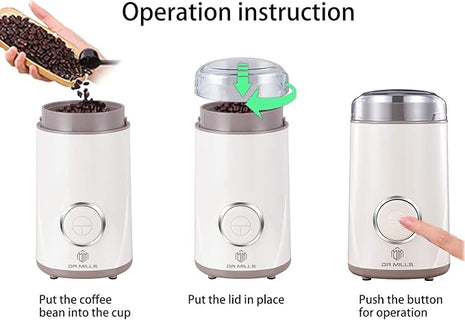 DR MILLS DM-7441W Coffee Grinder Electric, Coffee Bean and Dried Spice Grinder, One Touch Operation, Blade and Cup Made with SUS304 Stainless Steel (White)