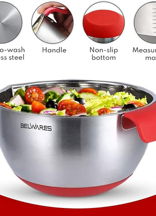 Belwares Mixing Bowls with Lids Set - 3-Piece Stainless Steel Nesting Bowls with Graters, Handles, and Airtight Lids - Non-Slip Mixing Bowls for Cooking, Baking, Prepping, and Food Storage (Red)