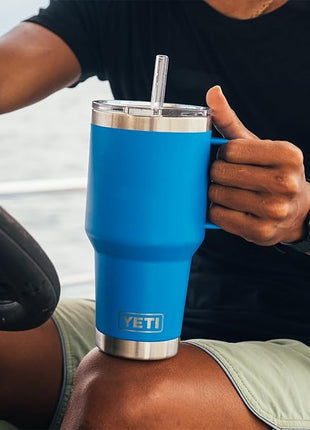 YETI Rambler 35 oz Tumbler with Handle and Straw Lid, Travel Mug Water Tumbler, Vacuum Insulated Cup with Handle, Stainless Steel, Big Wave Blue