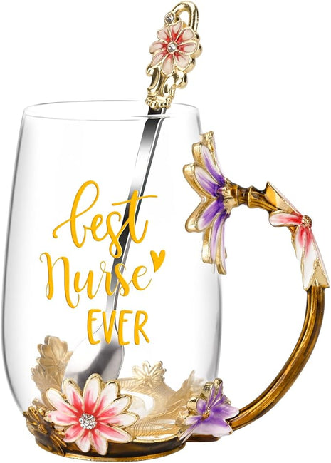 OEAGO Nurse Week Gifts for Women Tea Cup Nurses Day Gift for Nurse Doctor Assistant Appreciation Graduation Birthday Funny Present Enamel Flower Glass Mugs for Dentist from Patient Friends