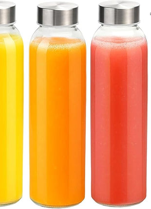 Zukro Glass Water Bottles with Lids 18 oz, 3 Pack Reusable Juice Bottles With Stainless Steel Airtight Cap for Juicing, Leak Proof Clear Drinking Jar Beverage storage container for Fridge, BPA Free