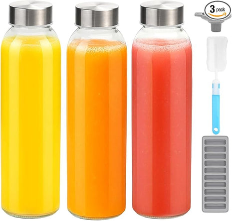 Zukro Glass Water Bottles with Lids 18 oz, 3 Pack Reusable Juice Bottles With Stainless Steel Airtight Cap for Juicing, Leak Proof Clear Drinking Jar Beverage storage container for Fridge, BPA Free