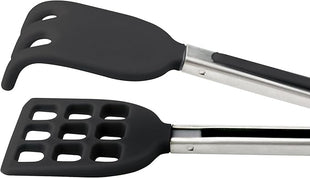 Tovolo Waffle Tongs Mini Silicone Kitchen Tongs for Cooking Serving, Flat Stainless Steel Small Tongs with Silicone Tips for Salads Belgian Waffles Air Fryer Appetizers Dishwasher Safe Black