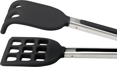 Tovolo Waffle Tongs Mini Silicone Kitchen Tongs for Cooking Serving, Flat Stainless Steel Small Tongs with Silicone Tips for Salads Belgian Waffles Air Fryer Appetizers Dishwasher Safe Black