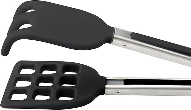 Tovolo Waffle Tongs Mini Silicone Kitchen Tongs for Cooking Serving, Flat Stainless Steel Small Tongs with Silicone Tips for Salads Belgian Waffles Air Fryer Appetizers Dishwasher Safe Black