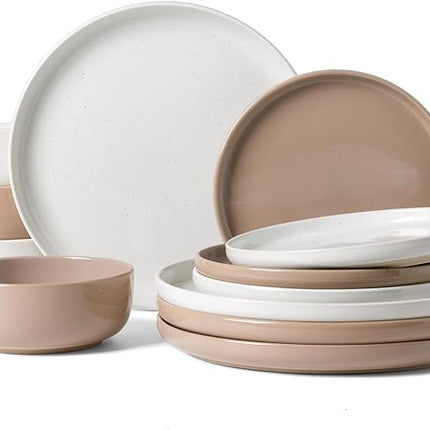 Famiware Milkyway Plates and Bowls Sets, 12 Pieces Stoneware Dinnerware Sets, Dishes Set for 4, White & Cinnamon Brown