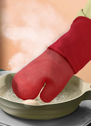sungwoo Extra Long Silicone Oven Mitts, Heat Resistant Oven Gloves with Quilted Liner Non-Slip Textured Grip Perfect for BBQ, Baking, Cooking and Grilling - 1 Pair 14.6 Inch Empire Red