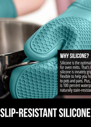 GORILLA GRIP BPA-Free Soft Silicone Oven Mitts, 14.5x8.3, Heat Resistant and Waterproof Cooking Gloves, Thick Cotton Lining, Flexible Gripping for Baking Grilling, Kitchen Potholders Set, Turquoise