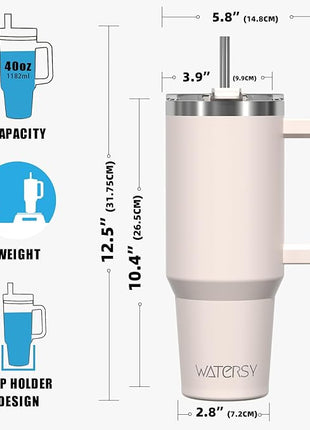 40 oz Tumbler with Handle,Tumbler with Lid and Straw,Double Wall Insulated Cup Stainless Steel Travel Mug(Cold for 34 Hours),Water Bottle for Iced Tea,Coffee,Cold Beverages(Ivory Beige)