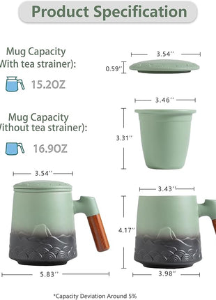 ZENS Tea Mug with Infuser and Lid for Loose Leaf Tea Steeper, 16.9 oz Embossed Ceramic Tea Cup with Fine Strainersand Wood Handle, Diffusers Accessories for Tea Lovers Gifts