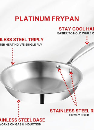 Vinod Platinum Triply Stainless Steel Frypan 24 cm | 2.5 mm Thick | Steel Pan | Scratch Resistant, Non Toxic | | Induction & Gas Friendly, Heavy Bottom