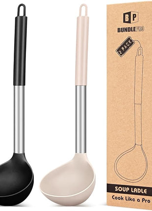 Pack of 2 Ladle Spoon,Silicone Large Spoon for Soup,Non Stick Kitchen Utensils with High Heat Resistant,BPA Free Perfect Kitchen Tools for Cooking, Stirring,Serving Soups (BLACK-KHAKI)