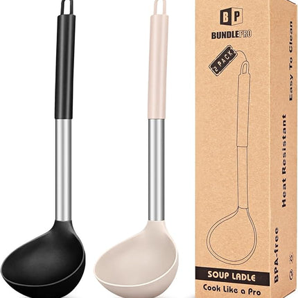 Pack of 2 Ladle Spoon,Silicone Large Spoon for Soup,Non Stick Kitchen Utensils with High Heat Resistant,BPA Free Perfect Kitchen Tools for Cooking, Stirring,Serving Soups (BLACK-KHAKI)