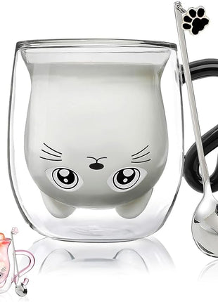 Black Cat Mug Cute Mug with Handle Double Walled Coffee Mugs Kawaii Cat Presents for Women Glass Mugs Tea Cup Cute Birthday Gifts for Cat Lovers Ideas Halloween Christmas