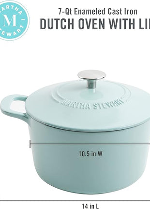 MARTHA STEWART Gatwick 7 QT Enamel Cast Iron Dutch Oven Pot with Lid, Martha Blue