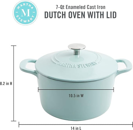 MARTHA STEWART Gatwick 7 QT Enamel Cast Iron Dutch Oven Pot with Lid, Martha Blue