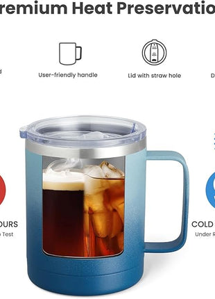 MEWAY 12oz Coffee Mug With Handle 2 Pack Bulk,Stainless Steel Insulated Travel Tumblers With Sliding Lid,Double Wall Vacuum Camping Cup for Hot & Cold Drinks Tea (Bubble Gum&Blue Waves,Set of 2)