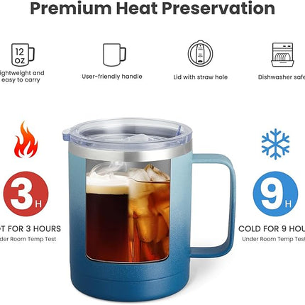 MEWAY 12oz Coffee Mug With Handle 2 Pack Bulk,Stainless Steel Insulated Travel Tumblers With Sliding Lid,Double Wall Vacuum Camping Cup for Hot & Cold Drinks Tea (Bubble Gum&Blue Waves,Set of 2)