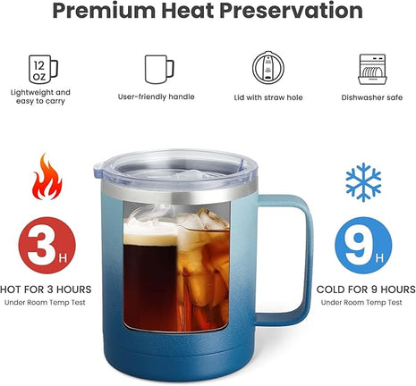 MEWAY 12oz Coffee Mug With Handle 2 Pack Bulk,Stainless Steel Insulated Travel Tumblers With Sliding Lid,Double Wall Vacuum Camping Cup for Hot & Cold Drinks Tea (Bubble Gum&Blue Waves,Set of 2)