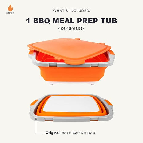 Drip EZ Collapsible BBQ Prep Tub- for Meal Prep Marinating Food Storage - Includes Cutting Board & Locking Lid - (1) OG - Orange