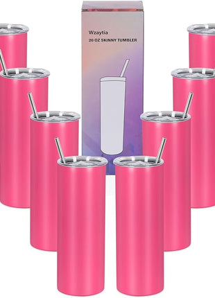 8 Pack 20 Oz Straight Skinny Tumblers,Individually Gift Boxed Stainless Steel Slim Skinny Tumbler Set Bulk, 20 Oz Insulated Slim Thin Travel Tumbler Cup for Diy,Hot Pink