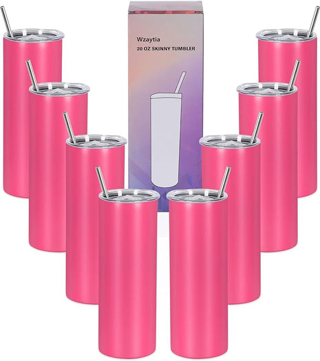 8 Pack 20 Oz Straight Skinny Tumblers,Individually Gift Boxed Stainless Steel Slim Skinny Tumbler Set Bulk, 20 Oz Insulated Slim Thin Travel Tumbler Cup for Diy,Hot Pink