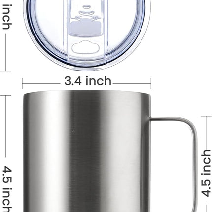 MEWAY 12oz Coffee Mug With Handle 2 Pack Bulk,Stainless Steel Insulated Travel Tumblers With Sliding Lid,Double Wall Vacuum Camping Cup for Hot & Cold Drinks Tea (Sliver,Set of 2)