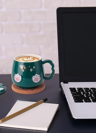 Bgbg Cat Mug Cute Ceramic Coffee Cup with Lovely Kitty Lid, Kawaii Claw Spoon, Anime Coaster, Novelty Things Birthday Christmas Mug Gift for Cat Lovers 400ML