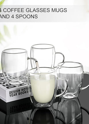 LIBWYS 4 Pack Double Walled Coffee Cups Glasses Mugs 12oz, Espresso Cappuccino Latte Tea Cups with Handle, Heat Resistant Borosilicate Clear Glasses 350ml
