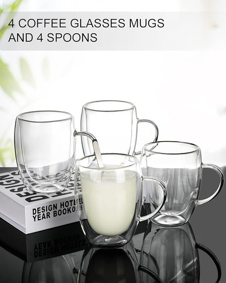 LIBWYS 4 Pack Double Walled Coffee Cups Glasses Mugs 12oz, Espresso Cappuccino Latte Tea Cups with Handle, Heat Resistant Borosilicate Clear Glasses 350ml