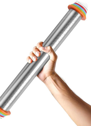 17 Inch Adjustable Stainless Steel Rolling Pin with 4 Thickness Rings & Non-Stick Pastry Mat – Professional Dough Roller for Pizza, Cookies, Pasta & Pies - Red