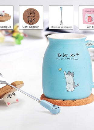 Cute Cat Cup Ceramic Coffee Mug with Kawaii Cat Wooden Lid, Lovely Stainless Steel Spoon, Anime Kitty Thicken Wooden Coaster, Christmas Birthday Cute Thing Japanese Mug 16oz (Blue)