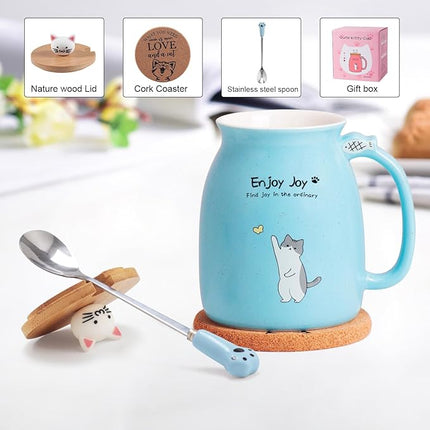 Cute Cat Cup Ceramic Coffee Mug with Kawaii Cat Wooden Lid, Lovely Stainless Steel Spoon, Anime Kitty Thicken Wooden Coaster, Christmas Birthday Cute Thing Japanese Mug 16oz (Blue)
