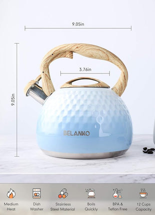 BELANKO 2.7 Quart Tea Kettle for Stovetop - Food Grade Stainless Steel with Diamond Texture, Designer Teapot Look, Cool-Touch Wood Pattern Handle, Whistling Spout - Gradient Blue