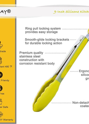 Silicone Tipped Tongs 9-Inch Kitchen Cooking Tongs, Set of 3 (Yellow)