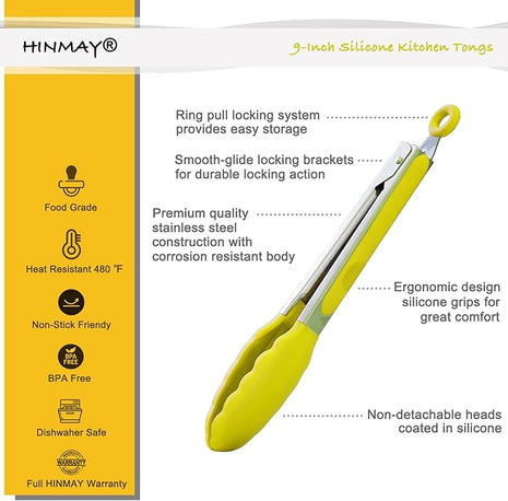Silicone Tipped Tongs 9-Inch Kitchen Cooking Tongs, Set of 3 (Yellow)